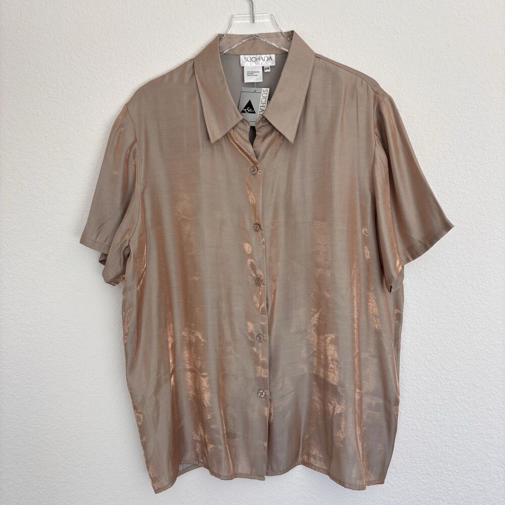 New Suchada Women’s Blouse 2X Gold Metallic Short Sleeve Going Out Lightweight